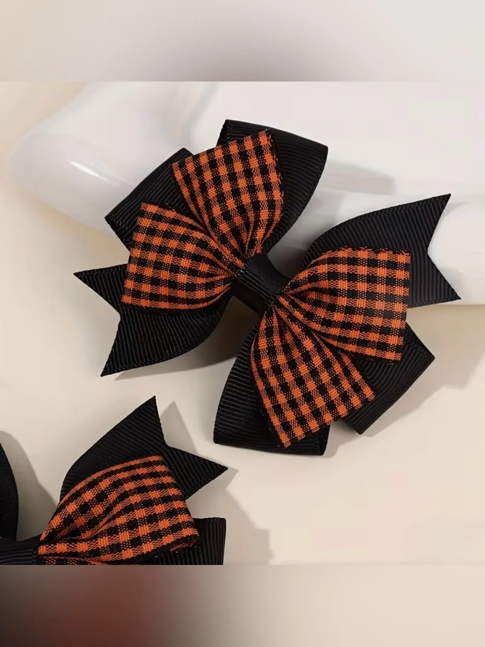Black and Orange Gingham Layered Hair Bows - Set of 2